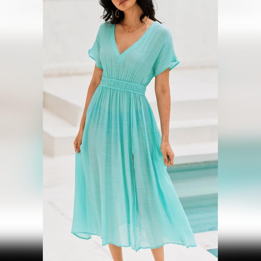 NWT!  Cupshe Xs Seafoam  Plunging Smocked Cover-Up Maxi Dress